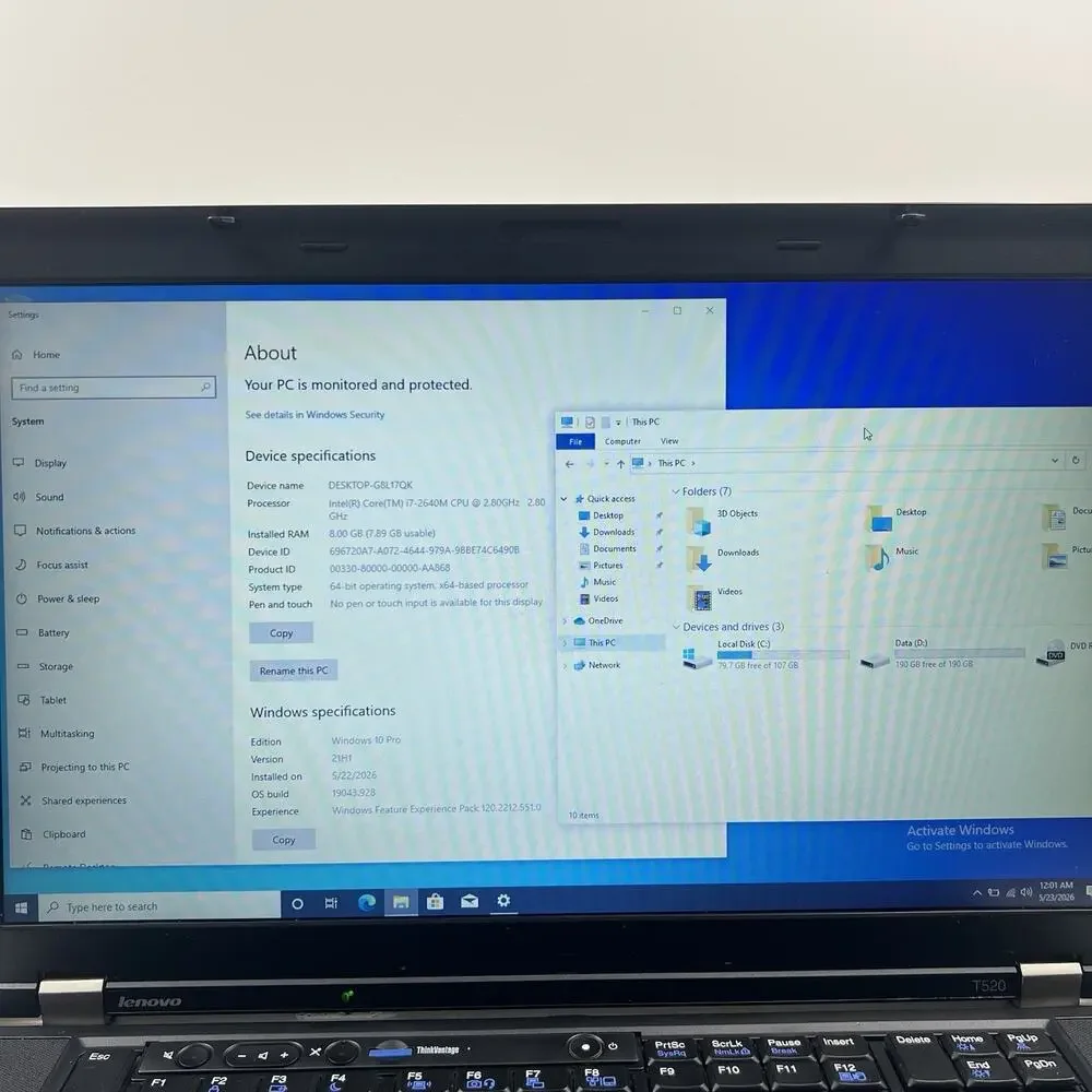 Lenovo ThinkPad T520 Intel i7-2640M 8GB 320GB HDD Win 10 w/ Charger|ELP71, READ